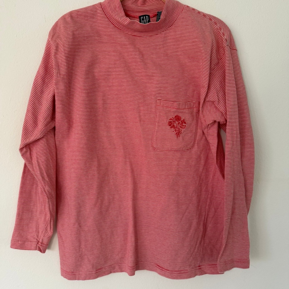 Vintage 90s Gap Womens Red White Striped Mock Neck Long Sleeve Pocket Tee Size M